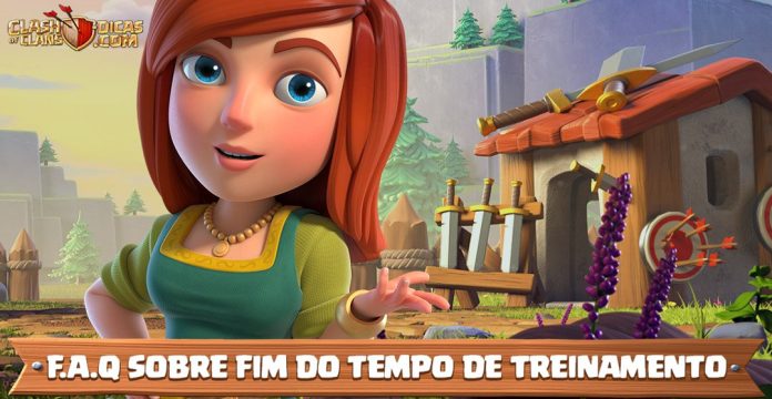 Ilustração de personagem do Clash of Clans explicando o fim do tempo de treinamento.